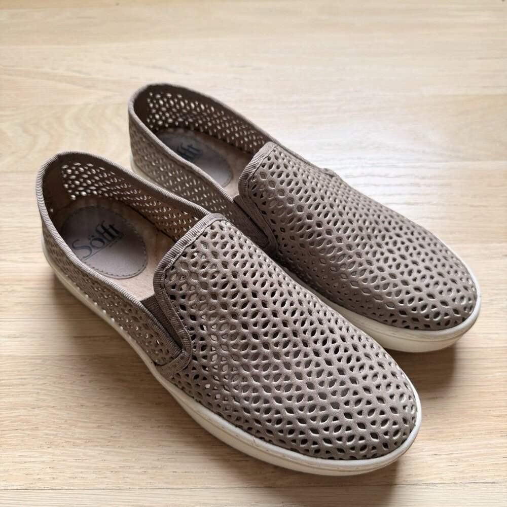 Sofft Womens 6.5 Somers 2 Sneaker Tan Brown Leather Stretch Knit Slip On Shoe